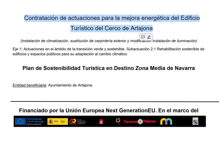 Contratación de actuación para la mejora energética en el Edificio Turístico de El Cerco de Artajona
